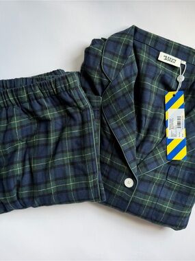 NWT Sleepy Jones Womens Green & Navy Plaid Pajama Set